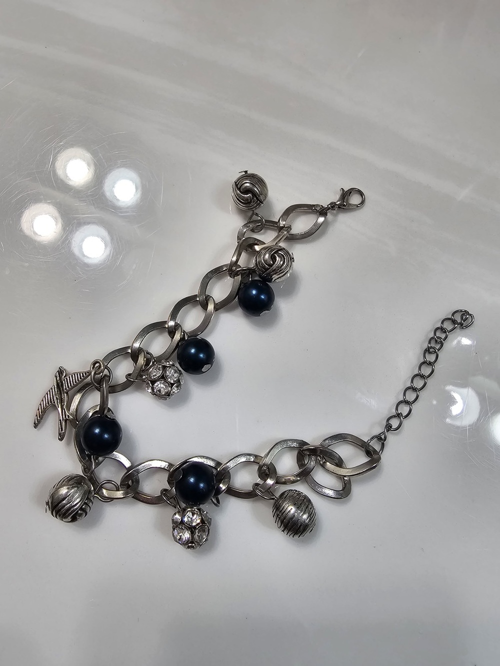 Silver Chain Charm Bracelet with Navy Blue Pearls